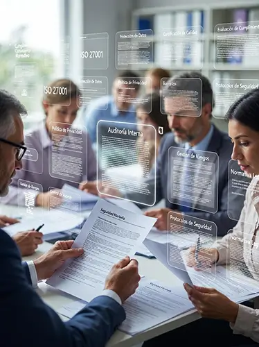 Equipo de trabajo de Seguridad Marbella revisando documentos y políticas internas mientras visualizan elementos digitales relacionados con normas de seguridad, auditoría interna, gestión de riesgos y protección de datos.